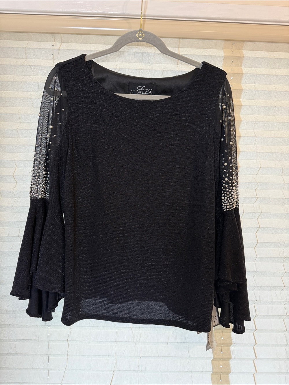 NWT Alex Evenings Black Embellished Bell Sleeve Top Size L